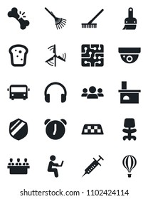 Set of vector isolated black icon - taxi vector, airport bus, office chair, rake, fireplace, syringe, broken bone, shield, headphones, themes, alarm, meeting, windmill, bread, chip, surveillance