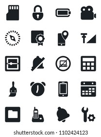 Set of vector isolated black icon - no laptop vector, mobile phone, tracking, radio, themes, calculator, alarm, bell, scanner, sd, folder, calendar, mute, compass, lock, video, cellular signal