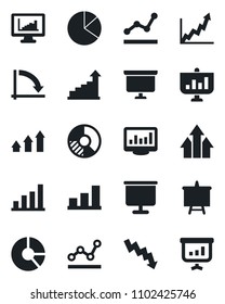 Set of vector isolated black icon - growth statistic vector, presentation board, crisis graph, circle chart, monitor statistics, bar, pie, point, arrow up