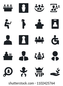 Set of vector isolated black icon - male vector, female, vip, baby, reception, meeting, disabled, pregnancy, client, user, company, identity card, hr, manager desk, search, estate agent