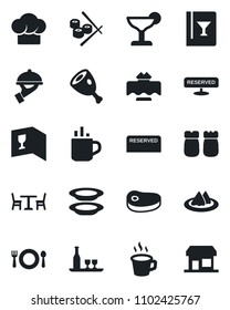 Set of vector isolated black icon - hot cup vector, cafe, coffee, alcohol, restaurant table, serviette, cook hat, wine card, reserved, cocktail, plates, waiter, salt and pepper, steak, ham, sushi