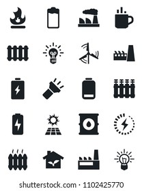 Set of vector isolated black icon - hot cup vector, factory, fire, oil barrel, battery, low, torch, charge, windmill, heater, eco house, radiator, sun panel, idea