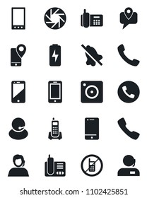 Set of vector isolated black icon - phone vector, no mobile, office, support, tracking, cell, radio, call, camera, mute, charge