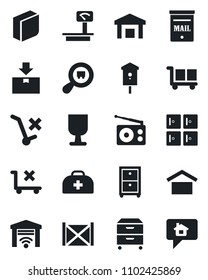 Set of vector isolated black icon - checkroom vector, bird house, doctor case, container, fragile, cargo, warehouse storage, no trolley, package, heavy scales, search, radio, blank box, archive