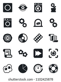 Set of vector isolated black icon - ticket office vector, gear, contract, circle chart, stamp, pills blister, fast forward, record, eye id, pie graph, washer, flower in pot, omelette, clock