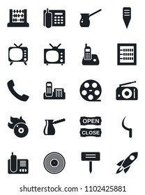 Set of vector isolated black icon - abacus vector, sickle, plant label, reel, vinyl, flame disk, radio, tv, phone, call, office, open close, turkish coffee, rocket