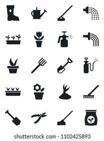 Set of vector isolated black icon - job vector, flower in pot, shovel, farm fork, rake, seedling, watering can, sproute, pruner, boot, hoe, garden sprayer, fertilizer