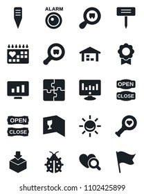 Set of vector isolated black icon - statistic monitor vector, lady bug, plant label, heart diagnostic, medical calendar, package, search cargo, application, sertificate, warehouse, wine card, flag