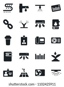 Set of vector isolated black icon - identity card vector, drip irrigation, barcode, chain, air conditioner, water heater, intercome, filter, warm floor, sprinkler