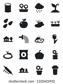 Set of vector isolated black icon - flower in pot vector, watering, sproute, seedling, rain, pumpkin, seeds, pond, tulip, oil barrel, house with tree, rolling pin, apple fruit, water filter