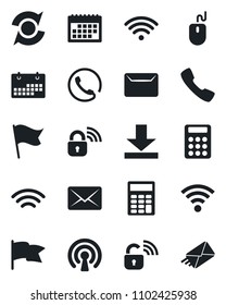 Set of vector isolated black icon - mouse vector, call, download, wireless, update, calendar, calculator, mail, phone, lock, flag