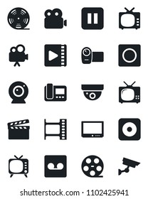 Set of vector isolated black icon - clapboard vector, film frame, reel, tv, video camera, pause button, rec, record, web, intercome, surveillance