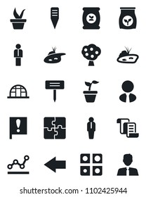 Set of vector isolated black icon - left arrow vector, manager, contract, seedling, plant label, greenhouse, fertilizer, important flag, application, point graph, pond, fruit tree, estate agent