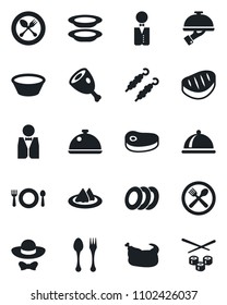 Set of vector isolated black icon - spoon and fork vector, waiter, dish, serviette, cafe, plates, dress code, chicken, steak, kebab, ham, bowl, sushi