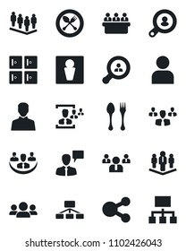 Set of vector isolated black icon - spoon and fork vector, male, checkroom, speaking man, team, meeting, user, company, hr, client search, group, social media, hierarchy