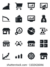 Set of vector isolated black icon - shop vector, checkroom, growth statistic, money bag, store, monitor statistics, pie graph, hr, target, consumer search, arrow up, wallet, crisis, cart, storefront