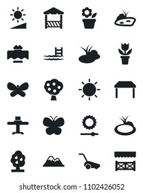 Set of vector isolated black icon - flower in pot vector, lawn mower, butterfly, sun, pond, brightness, pool, fruit tree, mountains, table, restaurant, alcove