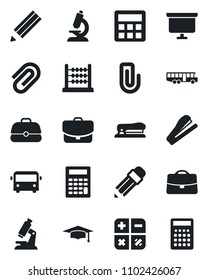 Set of vector isolated black icon - airport bus vector, calculator, graduate, presentation board, microscope, case, paper clip, abacus, pencil, stapler