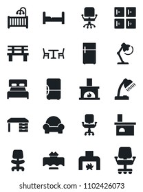 Set of vector isolated black icon - cafe vector, checkroom, office chair, desk, bench, fireplace, lamp, bedroom, children room, cushioned furniture, restaurant table, fridge