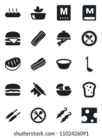 Set of vector isolated black icon - spoon and fork vector, cafe, menu, salad, bacon, waiter, bread, steak, kebab, hamburger, ladle, bowl, rolling pin, cheese