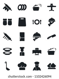 Set of vector isolated black icon - fridge vector, cook, restaurant table, cafe, hat, plates, waiter, salt and pepper, ladle, rolling pin, cutting board, knife, steaming pan, serviette
