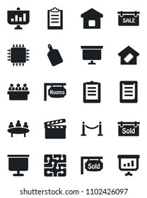 Set of vector isolated black icon - fence vector, presentation board, meeting, clipboard, clapboard, sale, rooms, sold signboard, smart home, cutting, chip