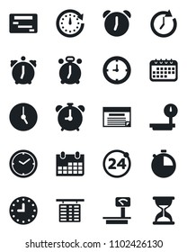 Set of vector isolated black icon - 24 around vector, alarm clock, flight table, calendar, heavy scales, stopwatch, schedule, sand