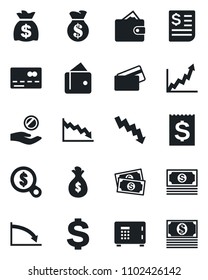 Set of vector isolated black icon - credit card vector, safe, dollar sign, money bag, crisis graph, cash, receipt, wallet, growth, search, investment
