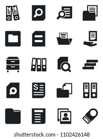 Set of vector isolated black icon - office binder vector, document search, receipt, folder, photo gallery, paper, tray, archive box, usb flash