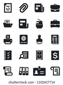 Set of vector isolated black icon - passport vector, identity, document search, reload, printer, contract, receipt, news, case, paper clip, folder, checklist, binder, archive box, copier, stamp