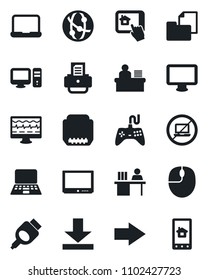 Set of vector isolated black icon - no laptop vector, right arrow, mouse, notebook pc, printer, monitor pulse, folder document, gamepad, tv, network, hdmi, download, manager desk, home control app