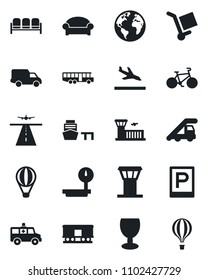 Set of vector isolated black icon - airport tower vector, runway, arrival, bus, parking, waiting area, ladder car, building, ambulance, bike, earth, delivery, sea port, fragile, cargo, heavy scales