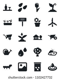 Set of vector isolated black icon - flower in pot vector, watering can, wheelbarrow, sproute, seedling, plant label, seeds, caterpillar, tulip, gallery, house with tree, pond, windmill, fruit, water