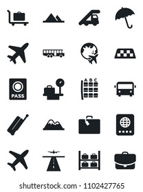 Set of vector isolated black icon - plane vector, runway, taxi, suitcase, baggage trolley, airport bus, umbrella, passport, ladder car, seat map, luggage storage, scales, globe, mountains, case