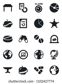 Set of vector isolated black icon - no laptop vector, ticket office, globe, document reload, pills, diet, earth, pie graph, table, police, alarm led