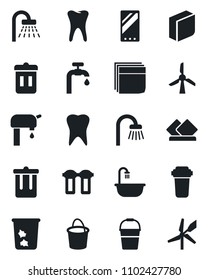 Set of vector isolated black icon - trash bin vector, shower, bucket, tooth, mobile, blank box, water supply, bathroom, serviette, filter, windmill