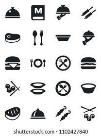 Set of vector isolated black icon - spoon and fork vector, dish, cafe, menu, plates, waiter, steak, kebab, hamburger, bowl, sushi