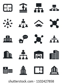Set of vector isolated black icon - hierarchy vector, well, molecule, hospital, office building, garage, plan, home message