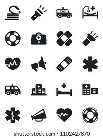 Set Of Vector Isolated Black Icon - Hose Vector, Heart Pulse, Doctor Case, Patch, Ambulance Star, Car, Hospital Bed, Loudspeaker, Torch, Crisis Management