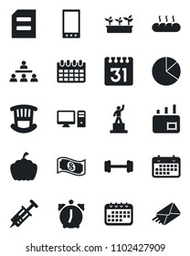 Set of vector isolated black icon - pedestal vector, document, calendar, seedling, pumpkin, syringe, barbell, term, mobile, alarm, pie graph, hierarchy, mail, children room, bread, pc, cash