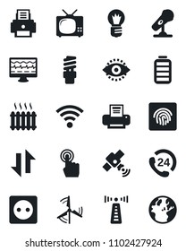 Set of vector isolated black icon - antenna vector, bulb, monitor pulse, 24 hours, microphone, satellite, touch screen, battery, data exchange, wireless, eye id, fingerprint, printer, windmill, tv