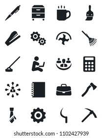 Set of vector isolated black icon - gear vector, hierarchy, case, ripper, rake, hoe, sickle, axe, themes, coffee, copybook, company, calculator, tie, archive box, pen, stapler, man with notebook