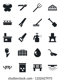 Set of vector isolated black icon - job vector, farm fork, rake, pruner, saw, lawn mower, butterfly, seedling, water drop, bench, fireplace, greenhouse, seeds, picnic table, garden sprayer, tulip