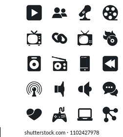 Set of vector isolated black icon - tv vector, reel, flame disk, microphone, radio, antenna, speaker, gamepad, cell phone, dialog, laptop pc, chain, group, heart, play button, rewind, social media