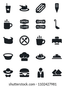 Set of vector isolated black icon - hot cup vector, plant label, waiter, restaurant table, serviette, cafe, cook hat, reception, phyto bar, coffee, dress code, open close, chicken, hamburger, dog