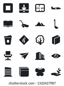 Set of vector isolated black icon - plane vector, book, coffee, tree, lawn mower, butterfly, eye, stop button, download, office chair, blank box, mountains, plan, city house, ladle, smoke detector