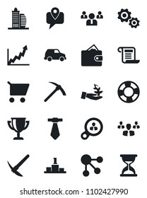 Set of vector isolated black icon - team vector, mobile tracking, office building, consumer search, group, gear, palm sproute, wallet, growth graph, cart, car, social media, crisis management, tie