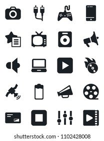 Set of vector isolated black icon - reel vector, flame disk, camera, satellite, speaker, loudspeaker, tv, gamepad, settings, cell phone, laptop pc, favorites list, battery, mail, play button, stop