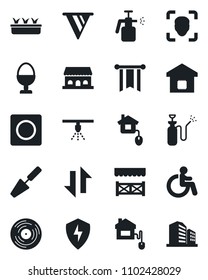 Set of vector isolated black icon - disabled vector, trowel, seedling, garden sprayer, vinyl, protect, record, data exchange, face id, smart home, egg stand, cafe building, alcove, control, pennon