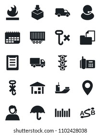 Set of vector isolated black icon - pin vector, traffic light, office phone, support, sea shipping, truck trailer, car delivery, term, clipboard, folder document, umbrella, no hook, warehouse, route